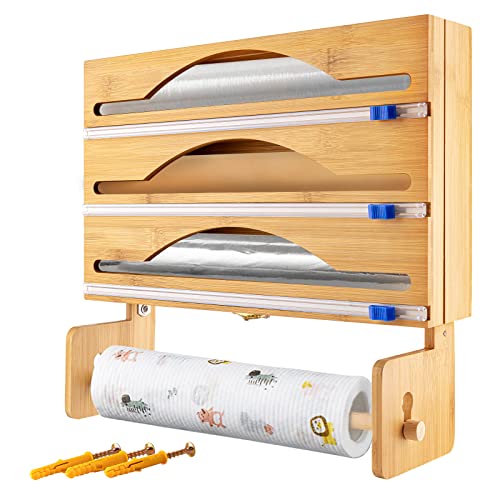 Dispensador y cortador de película, howllydo 4 en 1 dispensador de papel de aluminio organizador con soporte de papel, papel de bambú para montaje en pared y dispensador de película adhesiva para Dispensador y cortador de película, howllydo 4 en 1 dispensador de papel de aluminio organizador con soporte de papel, papel de bambú para montaje en pared y dispensador de película adhesiva para