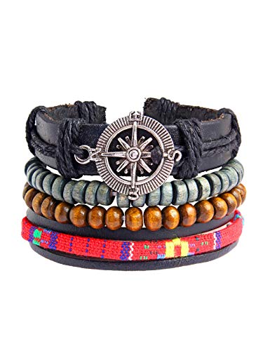 Image of ZIVOM Leather Handcrafted Wood Tibetan Vintage Thread Stackable Multi-strand Wrist Band Bracelet Combo Pack Of 2 Boys Men's