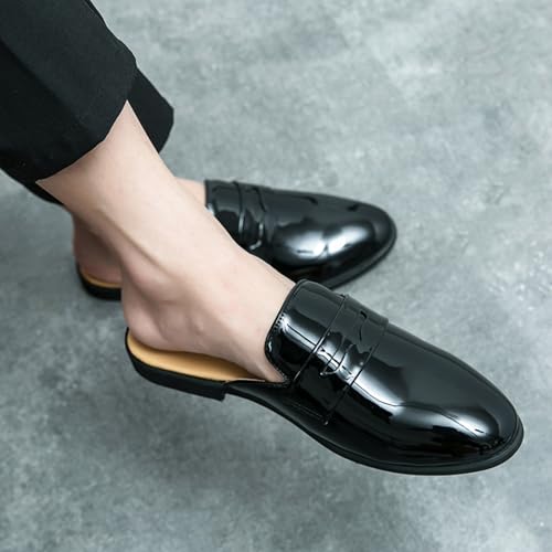 Mens Retro Patent Leather Slip-On Backless Mule Penny Loafer Smoking Slippers Non-Slip Low Heels Casual Shoes for Designer Luxury Dress Wedding Party Prom Shoes4