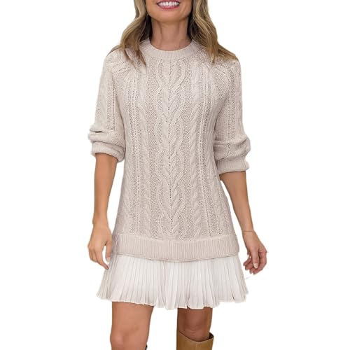 Sweater Dress with Pleated Skirt, Women Crewneck Cable Knit Casual Dresses, 2025 Fashion Cableknit Fall Weaters