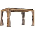 Outsunny 10' x 13' Louvered Pergola Hardtop Gazebo with Adjustable Aluminum Roof and Frame, Outdoor Pergola with Curtains and Netting, for Garden, Lawn, Backyard, and Deck, Natural Wood