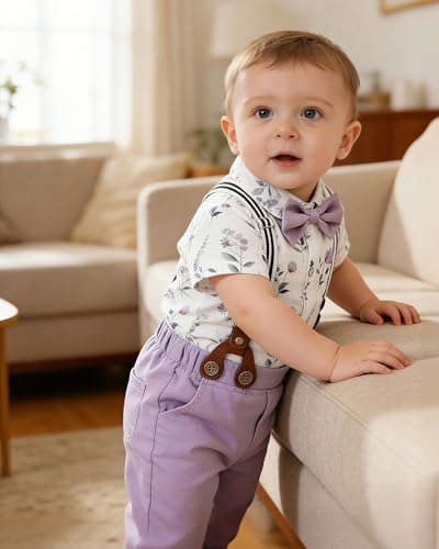 Image of YALLET Baby Boy Clothes Suit Newborn Infant Gentleman Outfits, Formal Dress Shirt+ Bowtie+ Suspender Pants Wedding Party Set