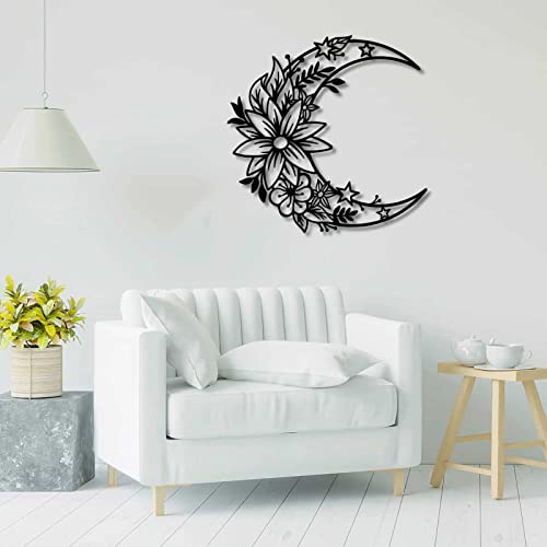Moon Metal Art Decor, Black Boho Floral Moon Sculpture, Hollow Out Half Moon Flower Wall Silhouette For Outdoor Indoor Decor #TOP2