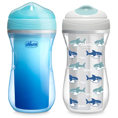 Image of Chicco Double-Wall Insulated Sippy Cup with Bite-Proof Rim Spout and Spill-Free Lid 9oz. | Top-Rack Dishwasher Safe | Easy to Hold Ergonomic Indents | Blue/Sharks, 2pk | 12+ months