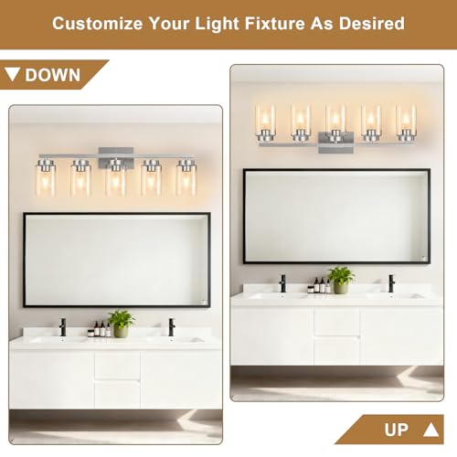 Image of IZORRO Bathroom Light Fixtures, Modern Vanity Lights, Bathroom Lighting Fixtures Over Mirror with Clear Glass Shade, Wall Sconce for Living Room Cabinet Bedroom (Brushed Nickel, 5-Light)