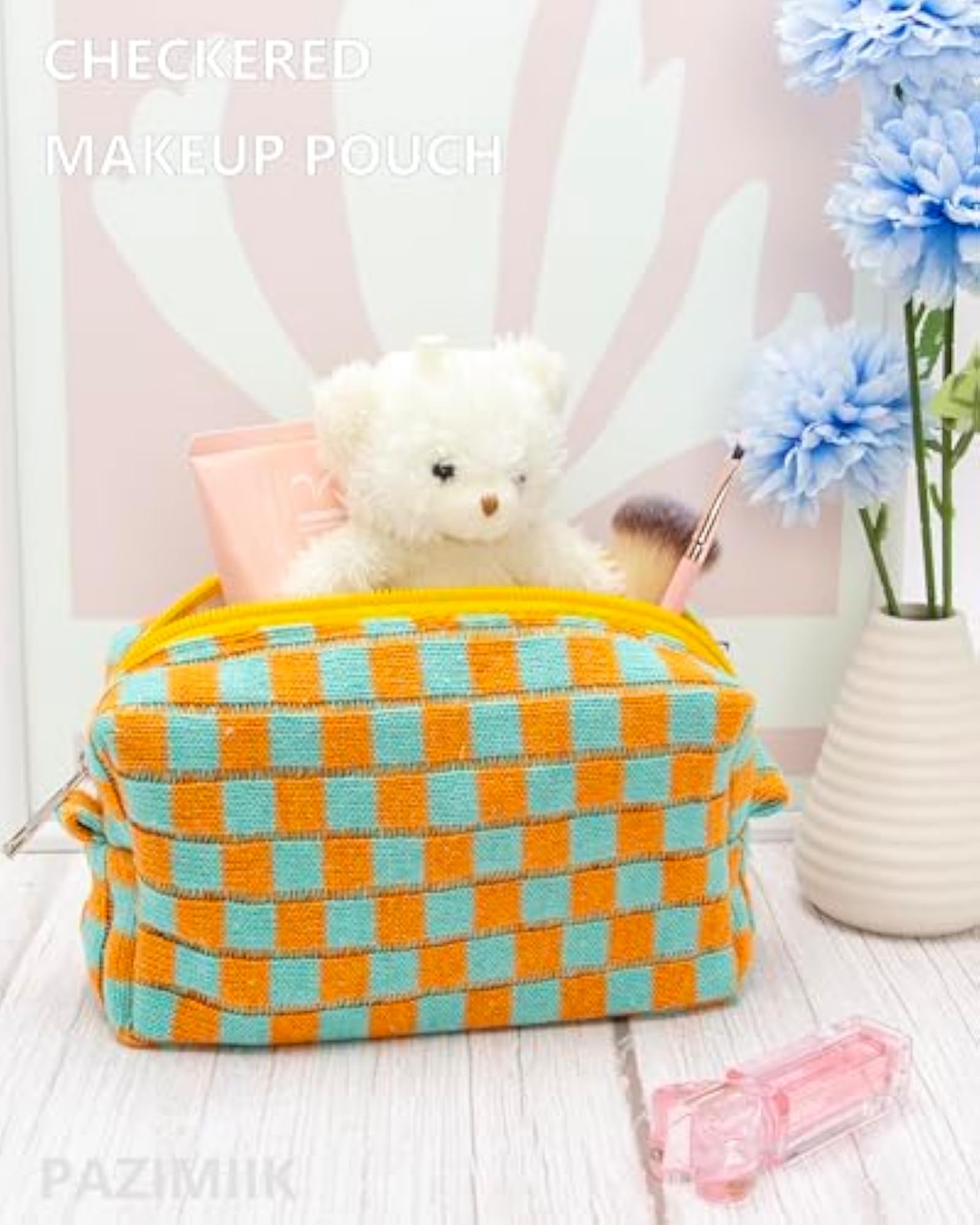 Checkered Makeup Bag for Purse, Portable Zipper Pouch