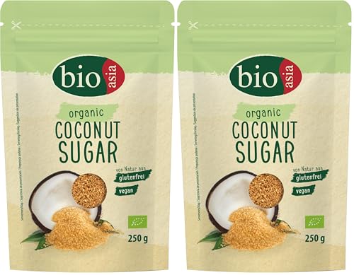 BIOASIA Azúcar ecológica de flor de coco, sin refinar, sustituto ideal del azúcar para hornear, con notas de caramelo, cultivo ecológico, vegano y sin gluten, 1 x 250 g (Paquete de 2)