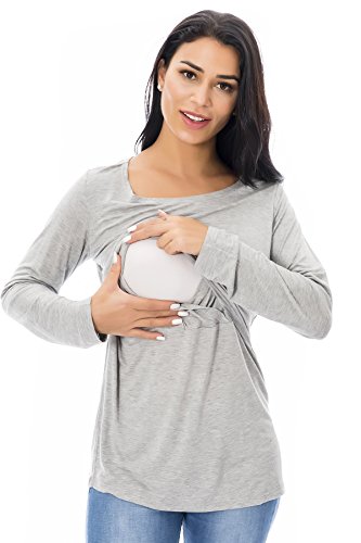 Smallshow Women's Nursing Tops Long Sleeve Shirts For Breastfeeding 3-Pack Medium Black-Brown-Light Grey #TOP5