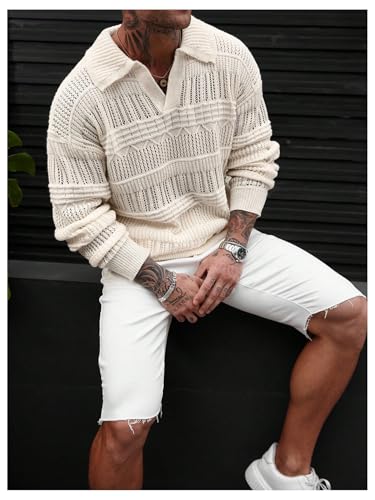 Men's Cable Knit Sweater Crochet Collar V Neck Sweaters Long Sleeve Chunky Pullover Sweaters3