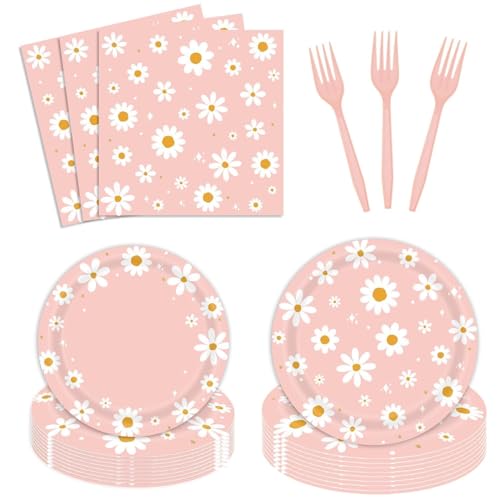 96Pcs Daisy Birthday Party Tableware Set - Include Paper Plates Napkins Forks One Two Groovy Disposable Party Supplies Decorations for Girl Birthday Baby Shower Serve 24 Guests