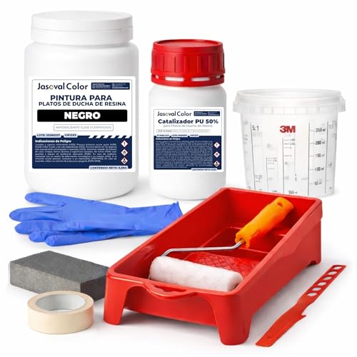 Jasoval Color Pintura para Plato de Ducha de Resina Antideslizante - Kit Completo con Herramientas para Reparar Plato de Ducha sin Obras - (Negro, 0,75 kg)