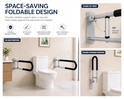 Image of BATH GURU Foldable Aluminium Toilet Grab Bar for Elderly & Disabled, Wall Mounted Bathroom Safety Rail with Soft Nylon Anti-Slip Grip, Heavy Duty Handicap Support Handle for Senior Citizens Pack of 2