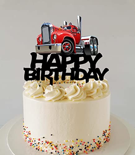 Heavy Truck Cake Topper Black Acrylic Transportation Theme Birthday Supplies, Heavy Truck Happy Birthday Cake Topper For Kid's Boy's Men' Birthday Party Decorations（Red） #TOP2