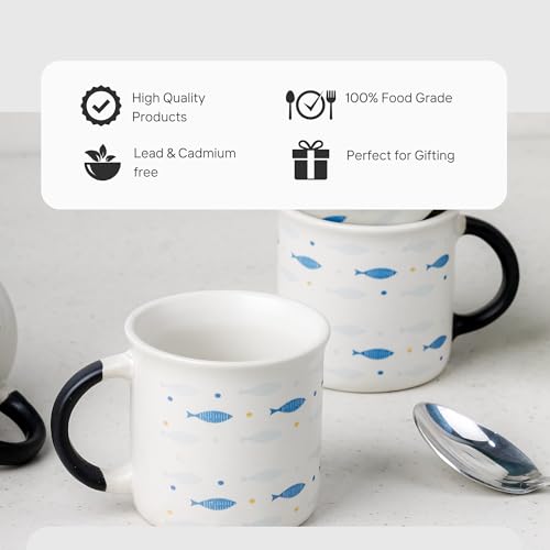 Image of The Earth Store Blue Fish Tea Cup Set of 6, 150 ML Each, Microwave and Dishwasher Safe Coffee Cups | Cup Set for Tea | Tea /chai Cups for Gifting, Home & Office Use, Every Occasion