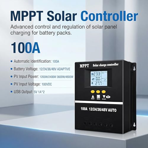 100A MPPT Laderegler, 100 A Solar BatterieController, 12/24/36/48 VBlei Säure und Lithium Batterien LCD-Display Überladeschutz, wasserdichtes Design