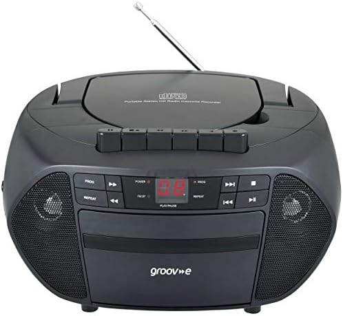 Groov-e GVPS833/BK Traditional Boombox Speaker, Portable CD & Cassette Player with FM Radio , Traditional Black
