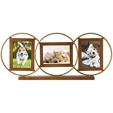 Melannco Three Opening Wood and Metal Tabletop Photo Collage, Made of Metal and Wood, Gold and Natural Finish, Displays One 7 x 5 inch and Two 5 x 7 Inch Photos Cover