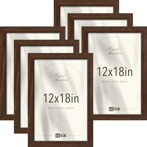 Image of VCK 12x18 Frames Set of 6, Elegant Brown Wood Picture Frame | 1.1in Wide Border, Wall Hanging, HD Plexiglass, Multi-Directional Display Poster, Artwork, Prints, Gallery Wall, Home Decor