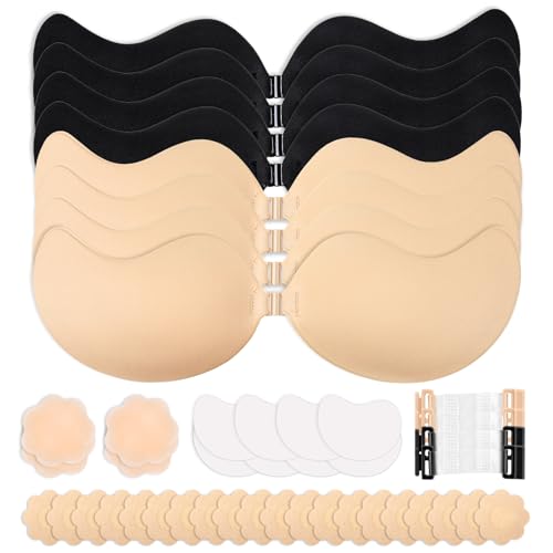 Image of TEAWOO Cleavage Bra, Push Up Sticky Bra Set - Strapless Backless Invisible Adhesive Bras for Women Black /Nude