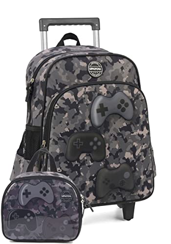 Kit Mochila de Rodinha e Lancheira Camufladas Gamer by Up4You Ref.37782 (Cinza)