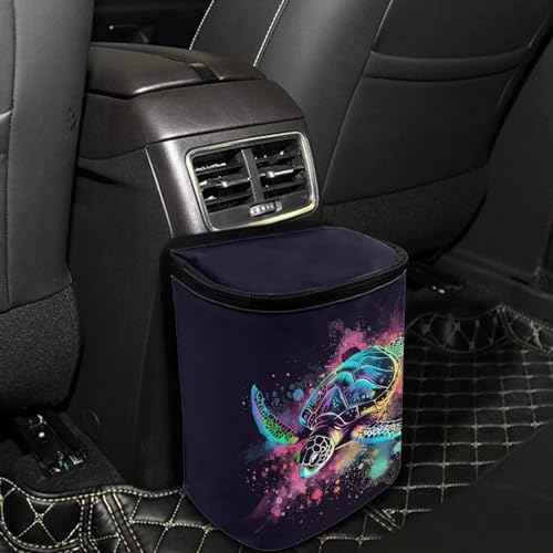 Image of Talayituse Paint Splatter Turtle Print Car Trash Can with Lid, Leak Proof Auto Trash Bag Hanging Vehicle Garbage Can Multipurpose Storage Container for Back Seat Road Trip