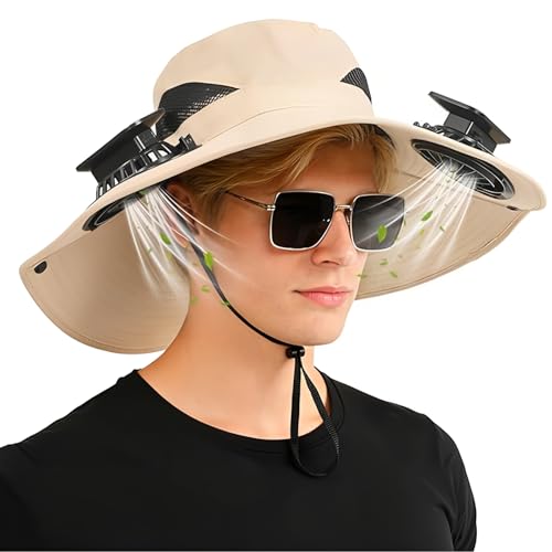 Outdoor Wide Brim Sun Hat with 2 Solar Fan Sun Bucket Hat for Men Women UPF 50+ Bucket Fishing Essentials for Camping Hiking Beach Summer Safari (Khaki)