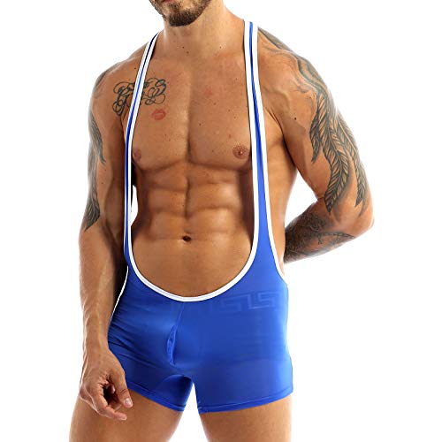 TiaoBug Men's Wrestling Singlet Smooth Freestyle Jockstrap Bodysuit Underwear Blue Medium