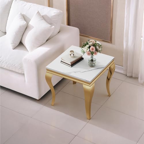 Image of Luxury Marble Side Table, Square End Table with Faux Marble Tabletop & Gold Stainless Steel S Legs, Modern Sofa Side Table for Living Room, Bedroom, Home Decor