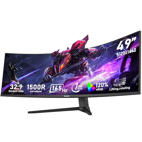 Image of Gawfolk 49 inch Ultra-Wide Curved 1500R Gaming Computer Monitor, DQHD(5120x1440), 165Hz, 1MS, FreeSync, 120% sRGB, Height Adjustable PC Screen, HDMI2.1 & DP1.4, Compatible Wall Mount 75 * 75mm- Black