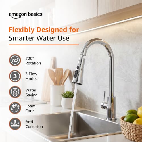 Image of Amazon Basics Tap Extender | ABS Plastic Faucet Attachment with 3 Flow Modes | 720 Degree Rotation | for Hard-to-Reach Sink Areas [Chrome]