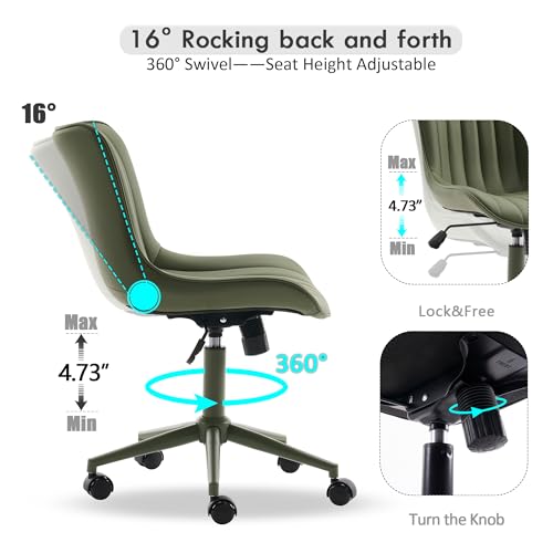 Image of YOUNIKE Office Desk Chair with Wheels Armless Vanity Chair Ergonomic Green | Faux Leather Upholstered with Rocking Back, Swivel Height Adjustable, Modern Small Cute Task Chair For Sewing Drafting