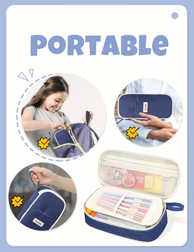 Image of SUNEE Cute Pencil Case, Aesthetic Pen Pouch, Colored Large Pencil Bag with Zipper, Kawaii Stationery Storage and Organizer, School Supplies for Teen and Adult Girls, Navy Blue