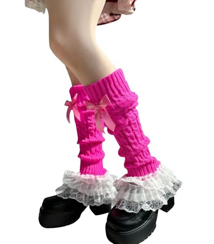 Leoparts Womens Knit Leg Warmers Y2K Bow Lace Trim Knee High Leg Sleeve Socks for Lolita Costume Party Accessory