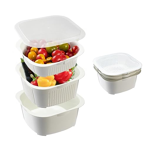 SHIMOYAMA Kunststoff Küchensieb Schüssel-Set mit Deckel, 3-in-1 Obst Gemüse Waschkorb, 3-Tier Stapelbarer Sieb Waschtrockner für Nudeln, Salate, Mikrowellen- und Gefriergeeignet, Weiß