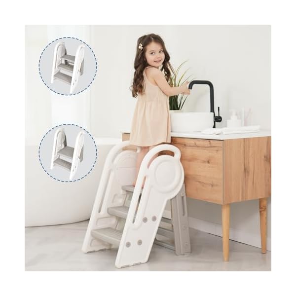 Foldable toddler step stool for bathroom sink adjustable kids 3 or 2 step stool for toddlers bathroom toilet potty plastic baby child stepping stool with handles for kitchen counter  urban country home decor