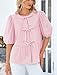 PRETTYGARDEN Women's Tie Front Striped Shirt 2026 Summer Trendy Fashion Cute Babydoll Tops Peplum Puffy Sleeve Blouse (Pink,Medium)