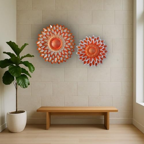 Image of SETHI AESTHETIC Metal Kesariya Flower Wall Art Decor, Handmade 3D Layered Petal Design, Set of 2 (13x13 inch and 11x11 inch) (Metallic Kesariya)