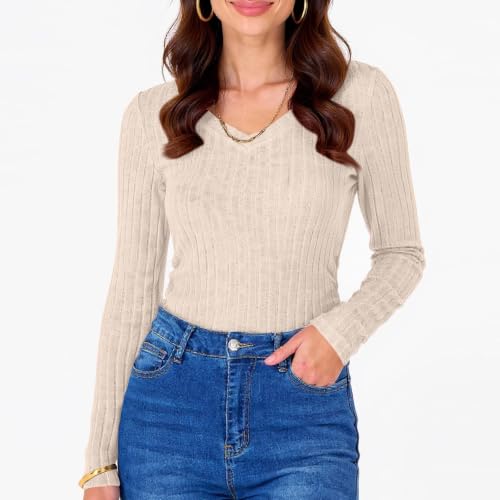 NEKSVTH Long Sleeve Shirts For Women Beige L - Lightweight V Neck Long Sleeve Shirts Cute Fall Winter Cozy Knit Pullover Casual Dressy Tunic Tops - image 2