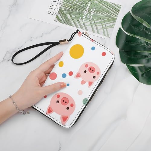Colorful Polka Dot Pigs Women's Leather Clutch Wallet with Zip Card Holder Hand Strap Large Capacity4