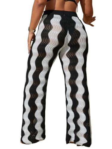 ZAFUL Women's Beach Cover Up Pants Hollow Out Plus Size Drawstring Elastic High Waist Swimsuit Cover Up Beach Long Pants(White M)