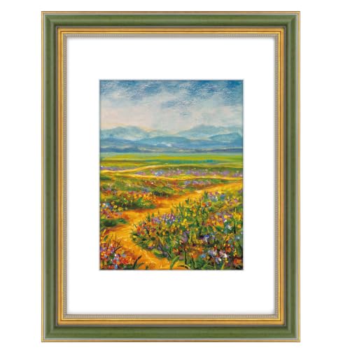 Image of Golden State Art,12x16 Ornate Picture Frame Holds 8.5x11 Photo,Green Gold | Includes real glass front,white mat,build-in hangers and buttons.Displays 8.5x11 photo on wall