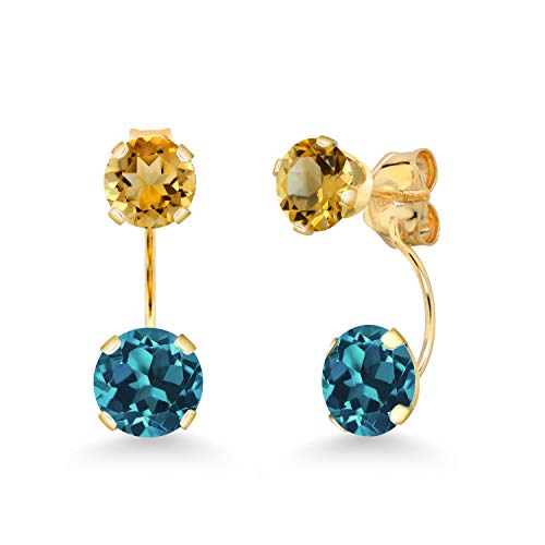 Gem Stone King 14K Yellow Gold London Blue Topaz and Yellow Citrine Dual Drop 2 Stone Round Earrings for Women (3.09 Cttw, Gemstone Birthstone, Round 6MM and 5MM)