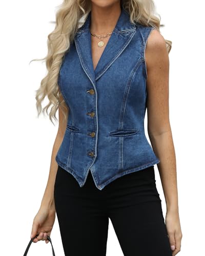 Ladyful Lapel Denim Vest for Women Sleeveless Business Work Jean Waistcoat Vest2