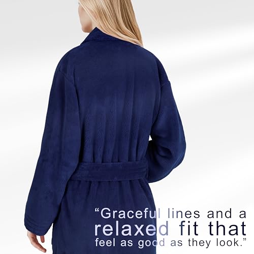 Image of American Soft Linen Women's Fleece Bathrobe - Luxury Soft, Plush, Fuzzy & Warm Turkish Robe for Women, Cozy Spa Quality Adult Bathroom Lounge Robe, Navy L