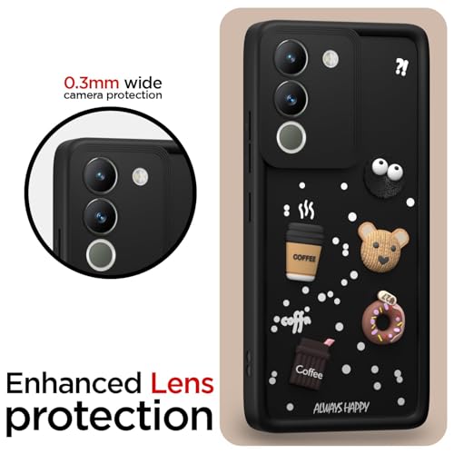 Image of Bintage Cute Fun Ball | Taddy Cartoon 3D Smiley Coffee Cup | Milk Donut | Full Protection Rubber Back Cover Compatible for Vivo V2307 / Vivo Y200 5G - Black