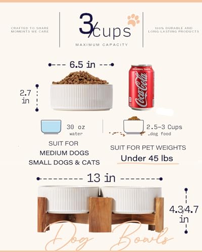 Getstar Ceramic Dog Bowls with Acacia Wood Stand, 30 fl oz, Set of 2, Dog Food Bowl, Cat Bowls (6.5 inches) (Vintage White) - Image 5
