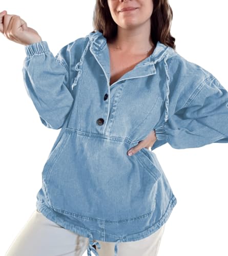 Women's Denim Hoodie Button Down Pullover Jacket Jean Sweatshirt Tops4
