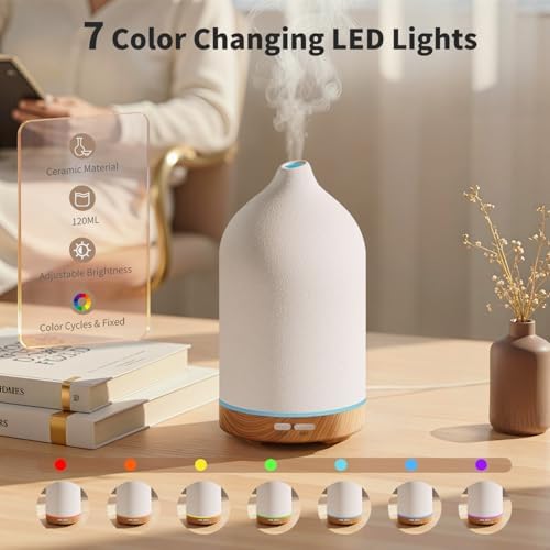 URPOWER 120ML Ceramic Essential Oil Diffuser Ultrasonic Aromatherapy Diffuser with Wood Grain Base, 7-Color LED Lights Auto Shut-Off, Humidifier for Home & Office, Air Diffuser for Relaxation - Thumbnail 5