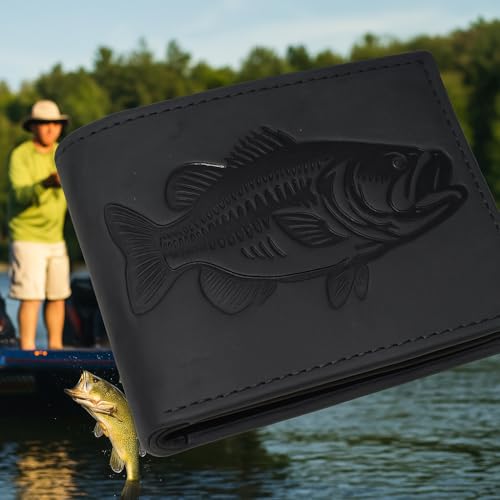 MARSHAL Fisherman’s RFID Blocking Vintage Leather Bifold Wallet with Debossed Bass Design for Outdoorsmen (Black)3