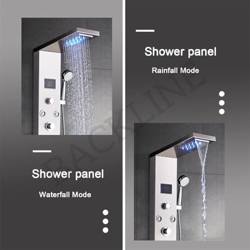 Image of Backline 7-in-1 Multifunction Thermostatic Shower Panels | SS 304 Grade with LED Rainfall, 8 Body Jets Rotatble, Hand Shower, Water Spout, Hot & Cold Mixer | Shower Panel For Bathroom (Brushed Matt)